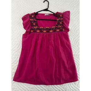 Dorose Pink Embroidered Square Neck Ruffle Cap Sleeve Boho Blouse Large